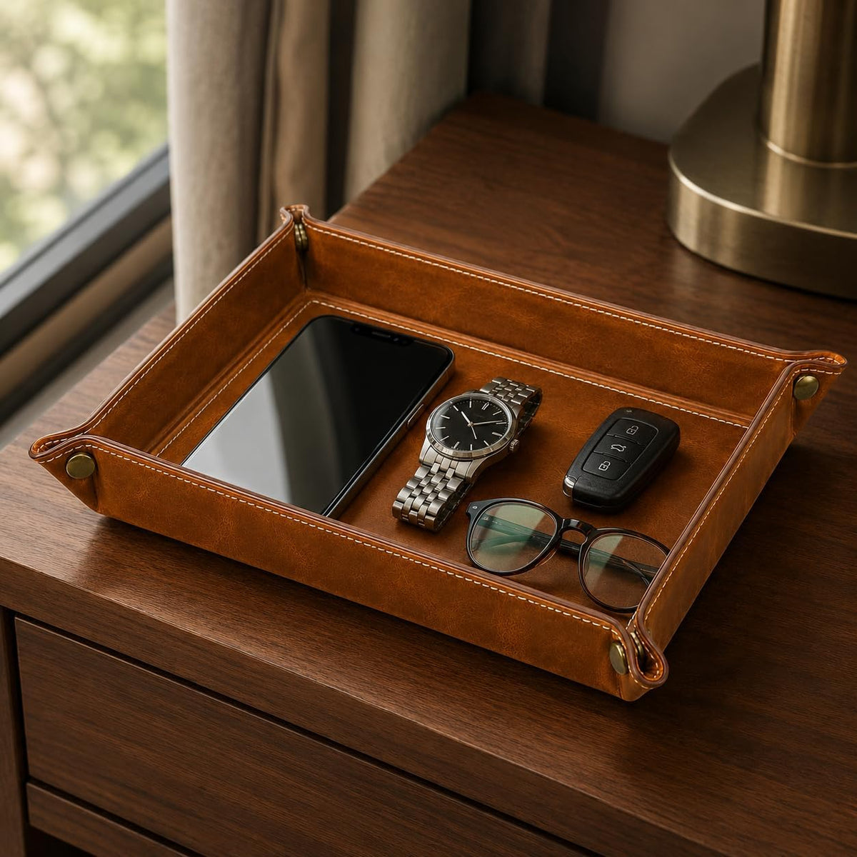 Tolredo Handmade Top Grain Leather Valet Tray, Catchall Organizer for Wallet, Keys, Phone, Watch & Accessories (Pack of 1 (11"x8") - Caramel Brown)