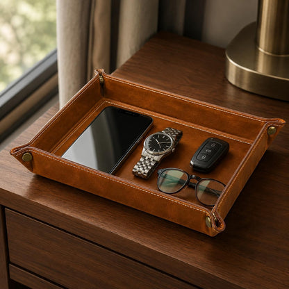 Tolredo Handmade Top Grain Leather Valet Tray, Catchall Organizer for Wallet, Keys, Phone, Watch & Accessories (Pack of 1 (11"x8") - Caramel Brown)