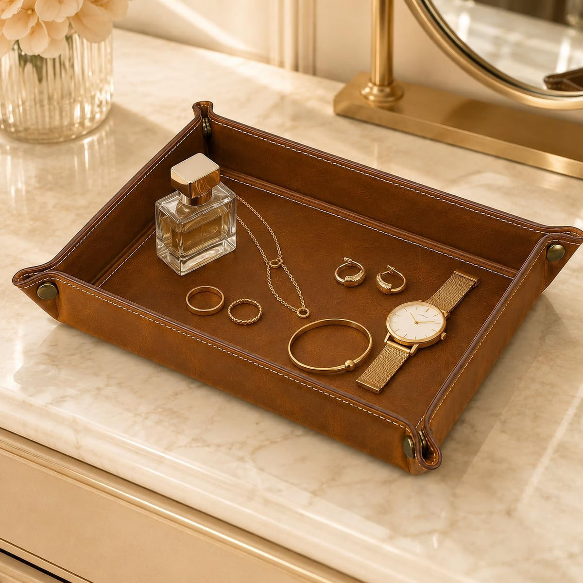 Tolredo Handmade Top Grain Leather Valet Tray, Catchall Organizer for Wallet, Keys, Phone, Watch & Accessories (Pack of 1 (11"x8") - Caramel Brown)