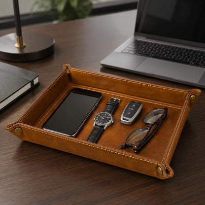 Tolredo Handmade Top Grain Leather Valet Tray, Catchall Organizer for Wallet, Keys, Phone, Watch & Accessories (Pack of 1 (11"x8") - Caramel Brown)