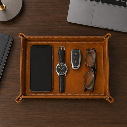 Tolredo Handmade Top Grain Leather Valet Tray, Catchall Organizer for Wallet, Keys, Phone, Watch & Accessories (Pack of 1 (11"x8") - Caramel Brown)
