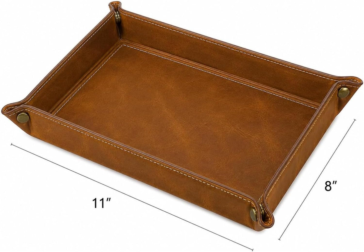 Tolredo Handmade Top Grain Leather Valet Tray, Catchall Organizer for Wallet, Keys, Phone, Watch & Accessories (Pack of 1 (11"x8") - Caramel Brown)