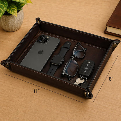 Tolredo Handmade Top Grain Leather Valet Tray, Catchall Organizer for Wallet, Keys, Phone, Watch & Accessories (Pack of 1 (11"x8") - Caramel Brown)