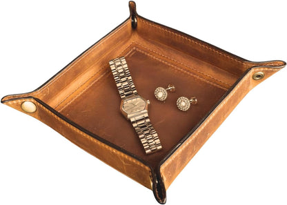 Tolredo Handmade Top Grain Leather Valet Tray, Catchall Organizer for Wallet, Keys, Phone, Watch & Accessories (Pack of 1 (11"x8") - Caramel Brown)