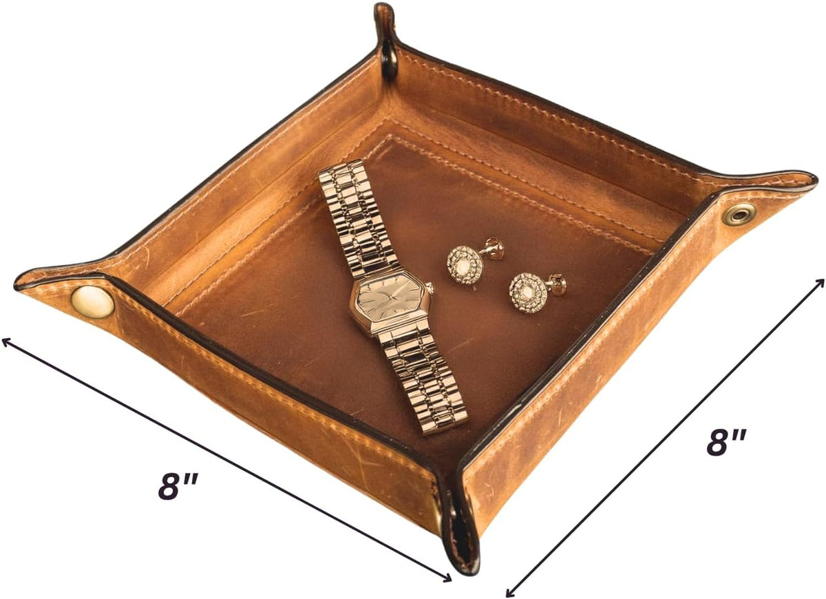 Tolredo Handmade Top Grain Leather Valet Tray, Catchall Organizer for Wallet, Keys, Phone, Watch & Accessories (Pack of 1 (11"x8") - Caramel Brown)