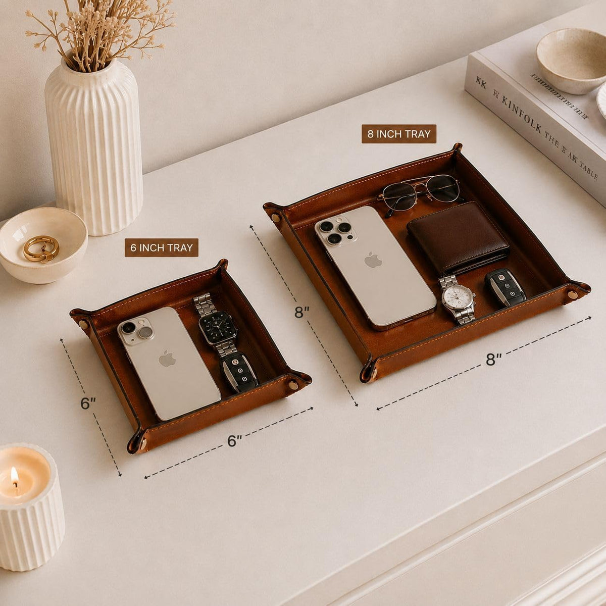 Tolredo Handmade Top Grain Leather Valet Tray, Catchall Organizer for Wallet, Keys, Phone, Watch & Accessories (Pack of 1 (11"x8") - Caramel Brown)
