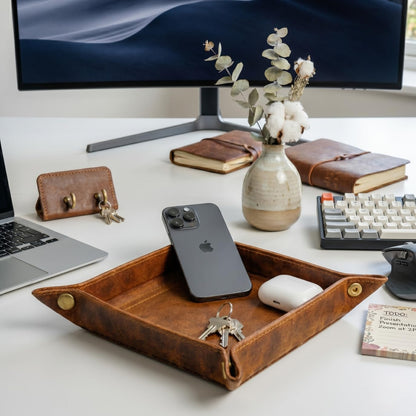 Tolredo Handmade Top Grain Leather Valet Tray, Catchall Organizer for Wallet, Keys, Phone, Watch & Accessories (Pack of 1 (11"x8") - Caramel Brown)