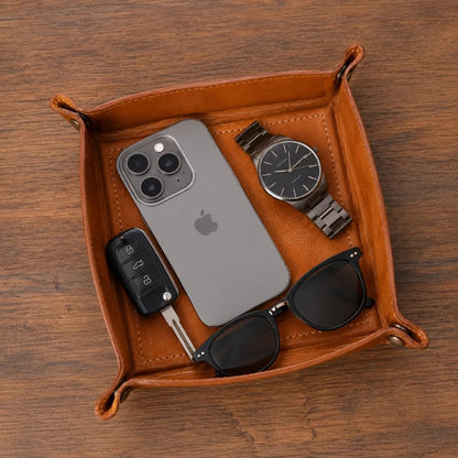 Tolredo Handmade Top Grain Leather Valet Tray, Catchall Organizer for Wallet, Keys, Phone, Watch & Accessories (Pack of 1 (11"x8") - Caramel Brown)