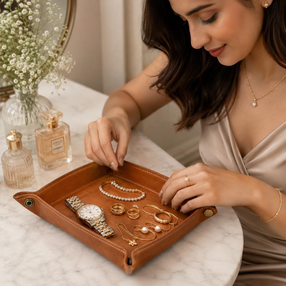 Tolredo Handmade Top Grain Leather Valet Tray, Catchall Organizer for Wallet, Keys, Phone, Watch & Accessories (Pack of 1 (11"x8") - Caramel Brown)