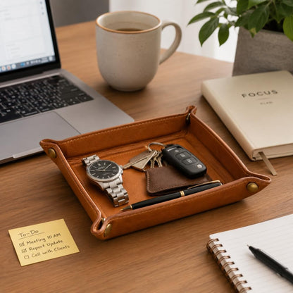 Tolredo Handmade Top Grain Leather Valet Tray, Catchall Organizer for Wallet, Keys, Phone, Watch & Accessories (Pack of 1 (11"x8") - Caramel Brown)