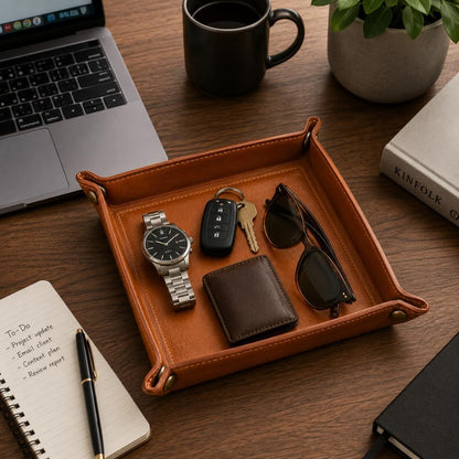 Tolredo Handmade Top Grain Leather Valet Tray, Catchall Organizer for Wallet, Keys, Phone, Watch & Accessories (Pack of 1 (11"x8") - Caramel Brown)