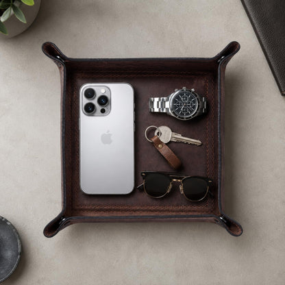 Tolredo Handmade Top Grain Leather Valet Tray, Catchall Organizer for Wallet, Keys, Phone, Watch & Accessories (Pack of 1 (11"x8") - Caramel Brown)