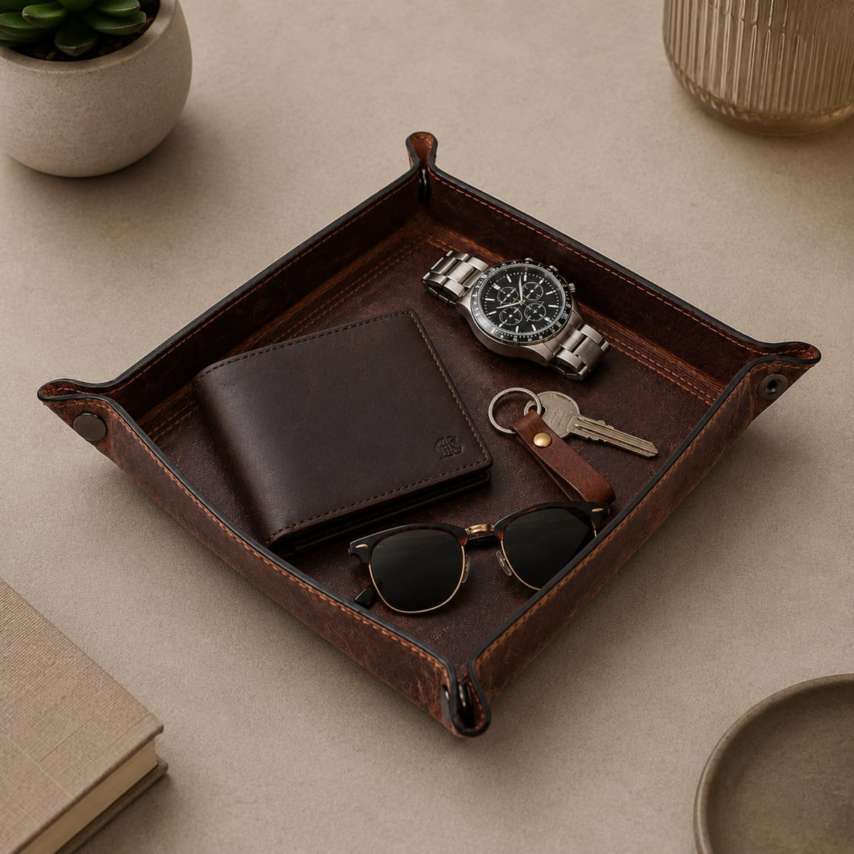 Tolredo Handmade Top Grain Leather Valet Tray, Catchall Organizer for Wallet, Keys, Phone, Watch & Accessories (Pack of 1 (11"x8") - Caramel Brown)