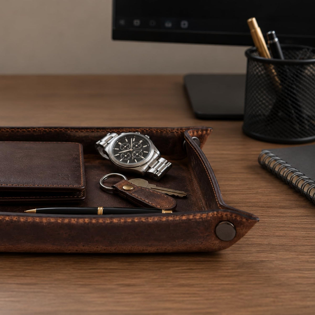 Tolredo Handmade Top Grain Leather Valet Tray, Catchall Organizer for Wallet, Keys, Phone, Watch & Accessories (Pack of 1 (11"x8") - Caramel Brown)