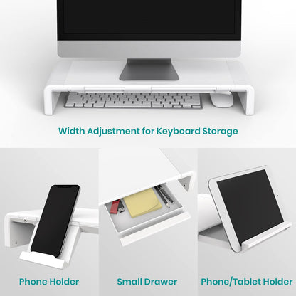 Monitor Stand Riser, Klearlook Foldable, Height Adjustable Computer Stand, Desk Shelf Riser with Storage Drawer &Tablet Phone Stand for Desktop, Laptop (White)