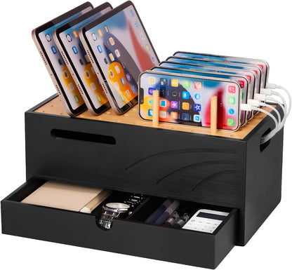 Bamboo Charging Station for Multiple Devices, 12.9" with Drawer