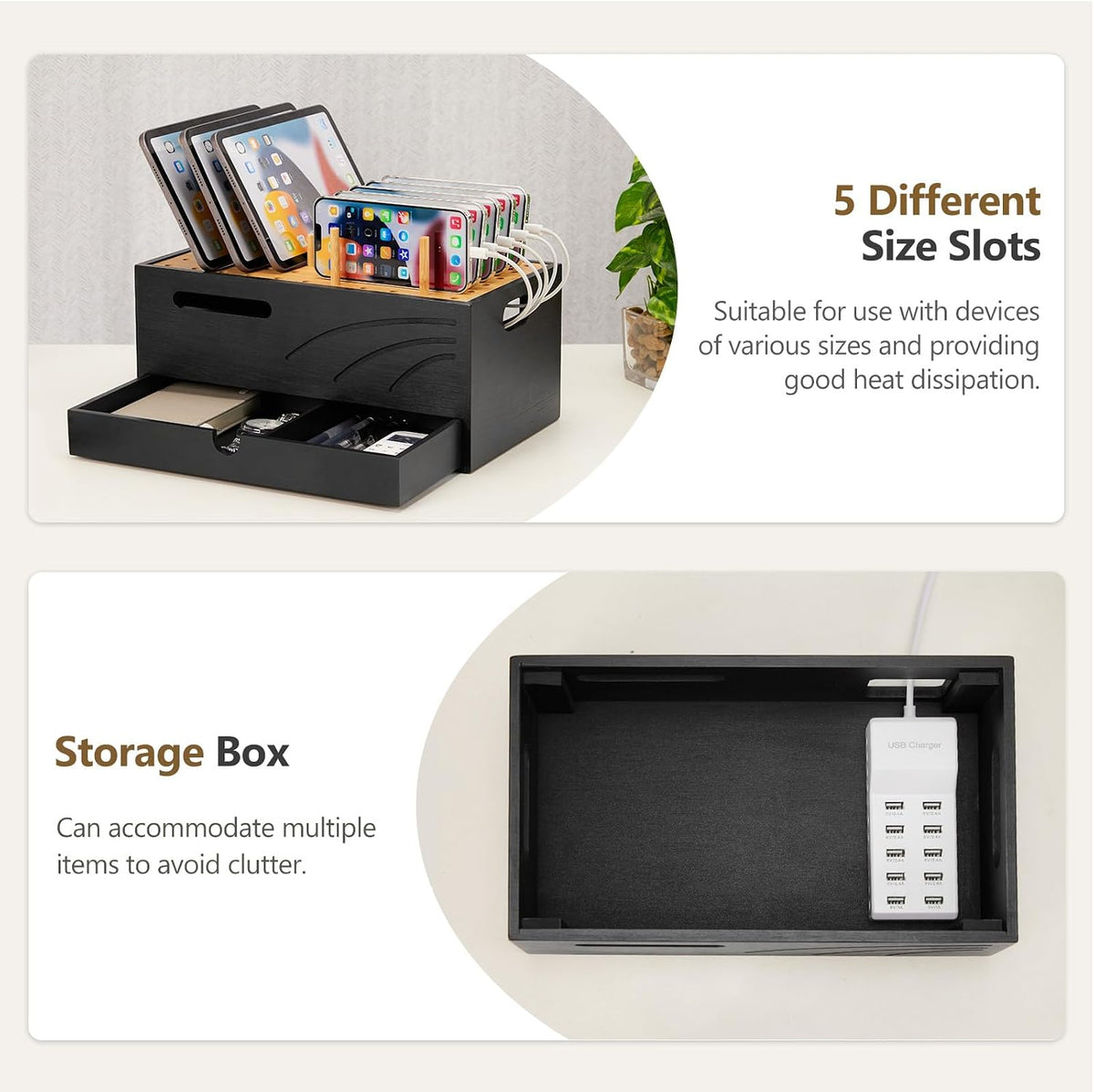 Bamboo Charging Station for Multiple Devices, 12.9" with Drawer