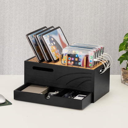 Bamboo Charging Station for Multiple Devices, 12.9" with Drawer