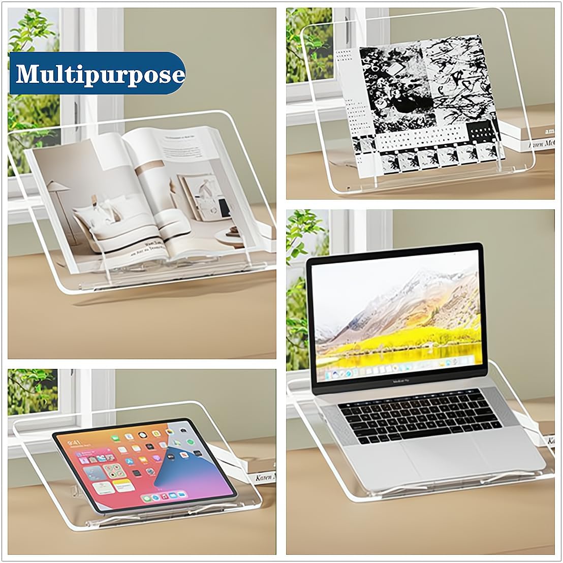 Acrylic Book Stand for Reading,Portable Book Page Holder,Adjustable Display Stands for Cookbook,Document,Recipe,Tablets (Medium)