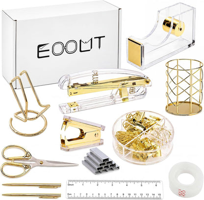 Gold Office Supplies Set Desk Accessories, Acrylic Stapler Set Staple Remover, Phone Holder, Tape Holder, Pen Holder, 2 Ballpoint Pen, Scissor, Binder Clips, Ruler, Transparent Glue and Staples.