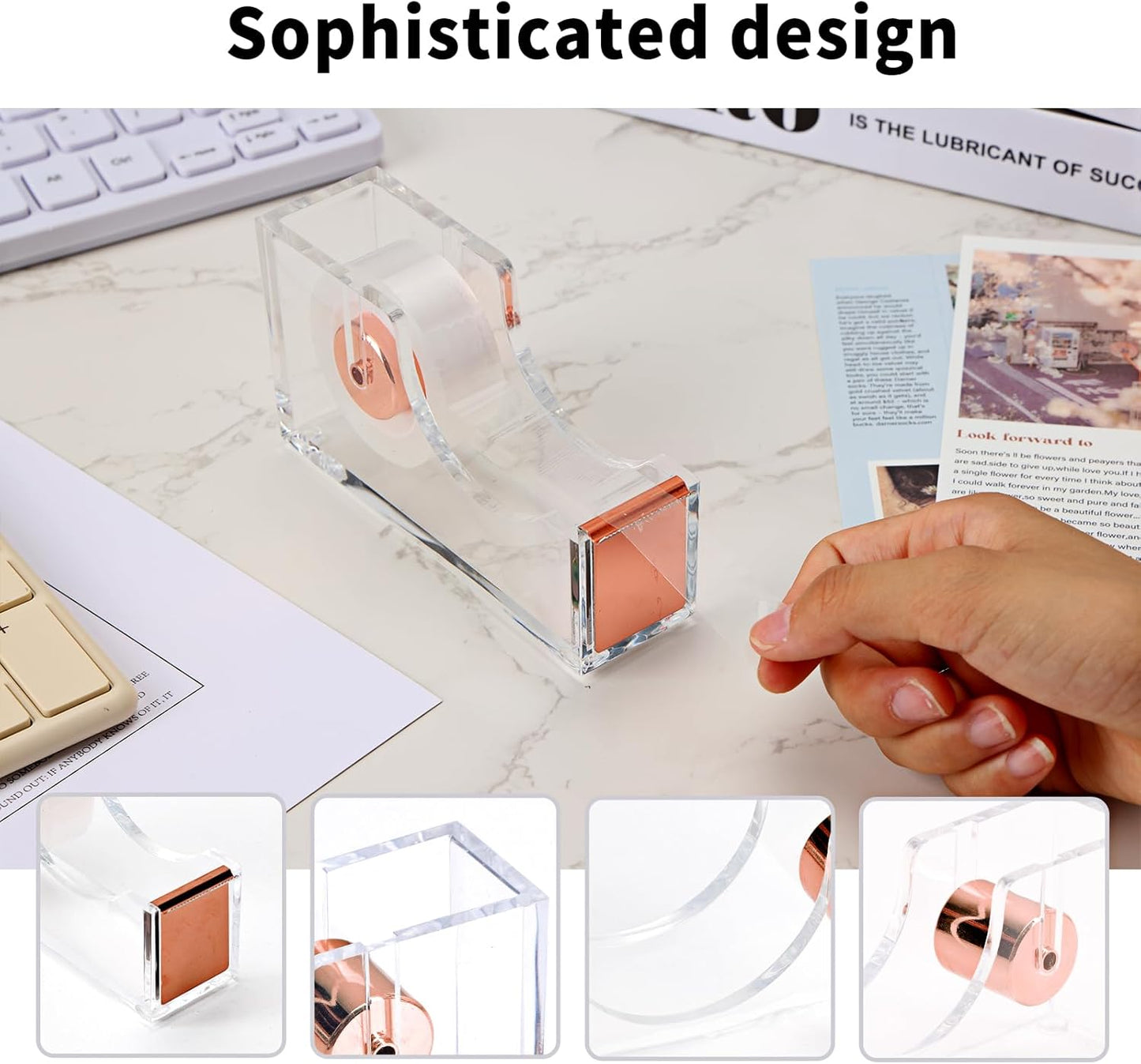 Gold Office Supplies Set Desk Accessories, Acrylic Stapler Set Staple Remover, Phone Holder, Tape Holder, Pen Holder, 2 Ballpoint Pen, Scissor, Binder Clips, Ruler, Transparent Glue and Staples.