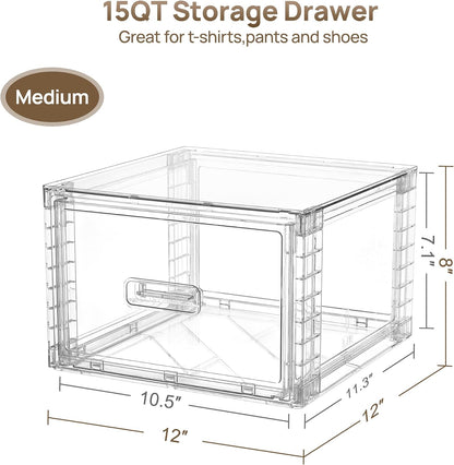 4 Pack Clear Stackable Storage Drawers 15QT, Easily Assemble Closet Organizers,Plastic Storage Bins for Bathroom,Cabinet,Kitchen Pantry,Under Sink Organization(Medium)