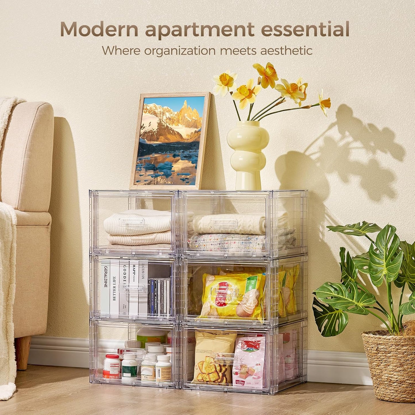 4 Pack Clear Stackable Storage Drawers 15QT, Easily Assemble Closet Organizers,Plastic Storage Bins for Bathroom,Cabinet,Kitchen Pantry,Under Sink Organization(Medium)