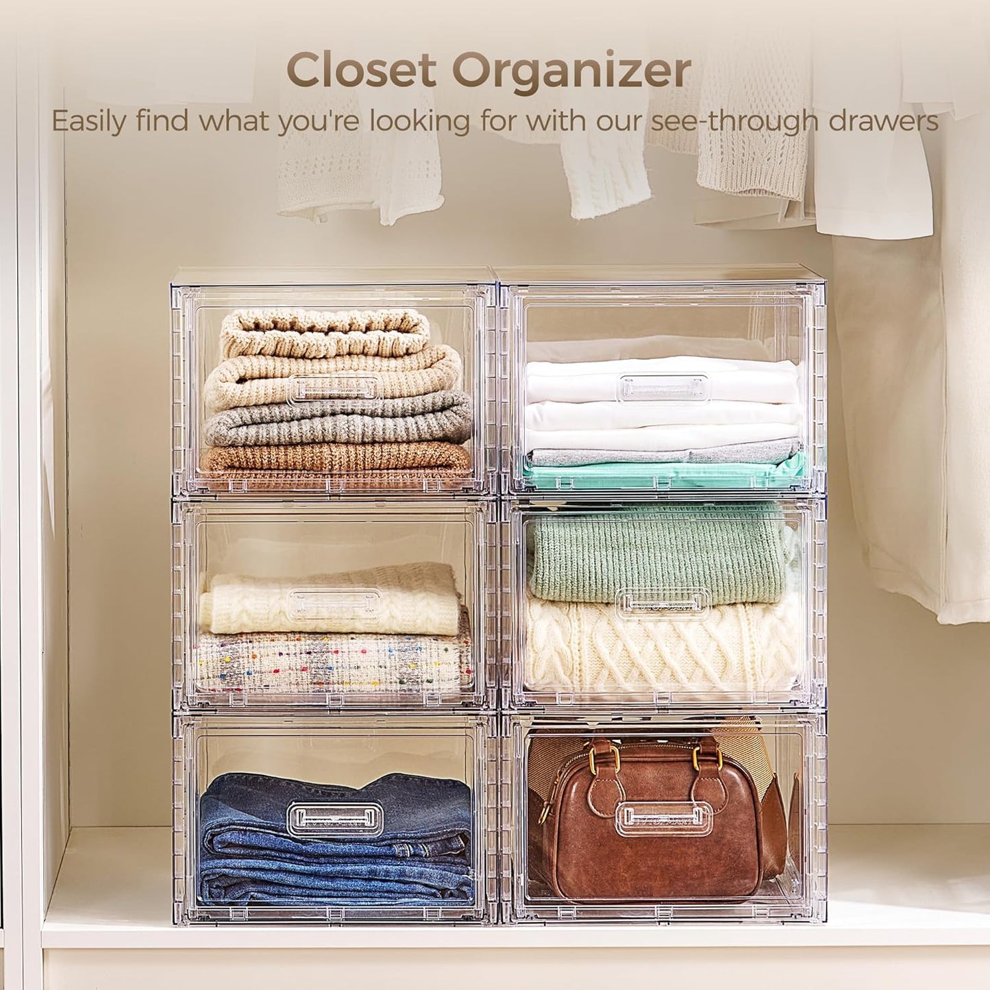 4 Pack Clear Stackable Storage Drawers 15QT, Easily Assemble Closet Organizers,Plastic Storage Bins for Bathroom,Cabinet,Kitchen Pantry,Under Sink Organization(Medium)