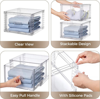 4 Pack Clear Stackable Storage Drawers 15QT, Easily Assemble Closet Organizers,Plastic Storage Bins for Bathroom,Cabinet,Kitchen Pantry,Under Sink Organization(Medium)