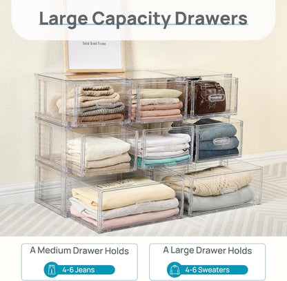4 Pack Clear Stackable Storage Drawers 15QT, Easily Assemble Closet Organizers,Plastic Storage Bins for Bathroom,Cabinet,Kitchen Pantry,Under Sink Organization(Medium)