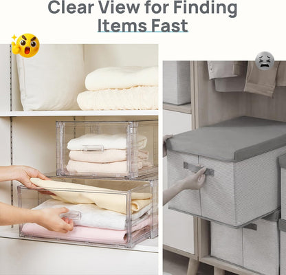 4 Pack Clear Stackable Storage Drawers 15QT, Easily Assemble Closet Organizers,Plastic Storage Bins for Bathroom,Cabinet,Kitchen Pantry,Under Sink Organization(Medium)