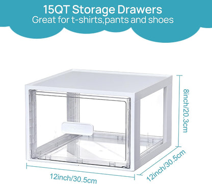 4 Pack Clear Stackable Storage Drawers 15QT, Easily Assemble Closet Organizers,Plastic Storage Bins for Bathroom,Cabinet,Kitchen Pantry,Under Sink Organization(Medium)