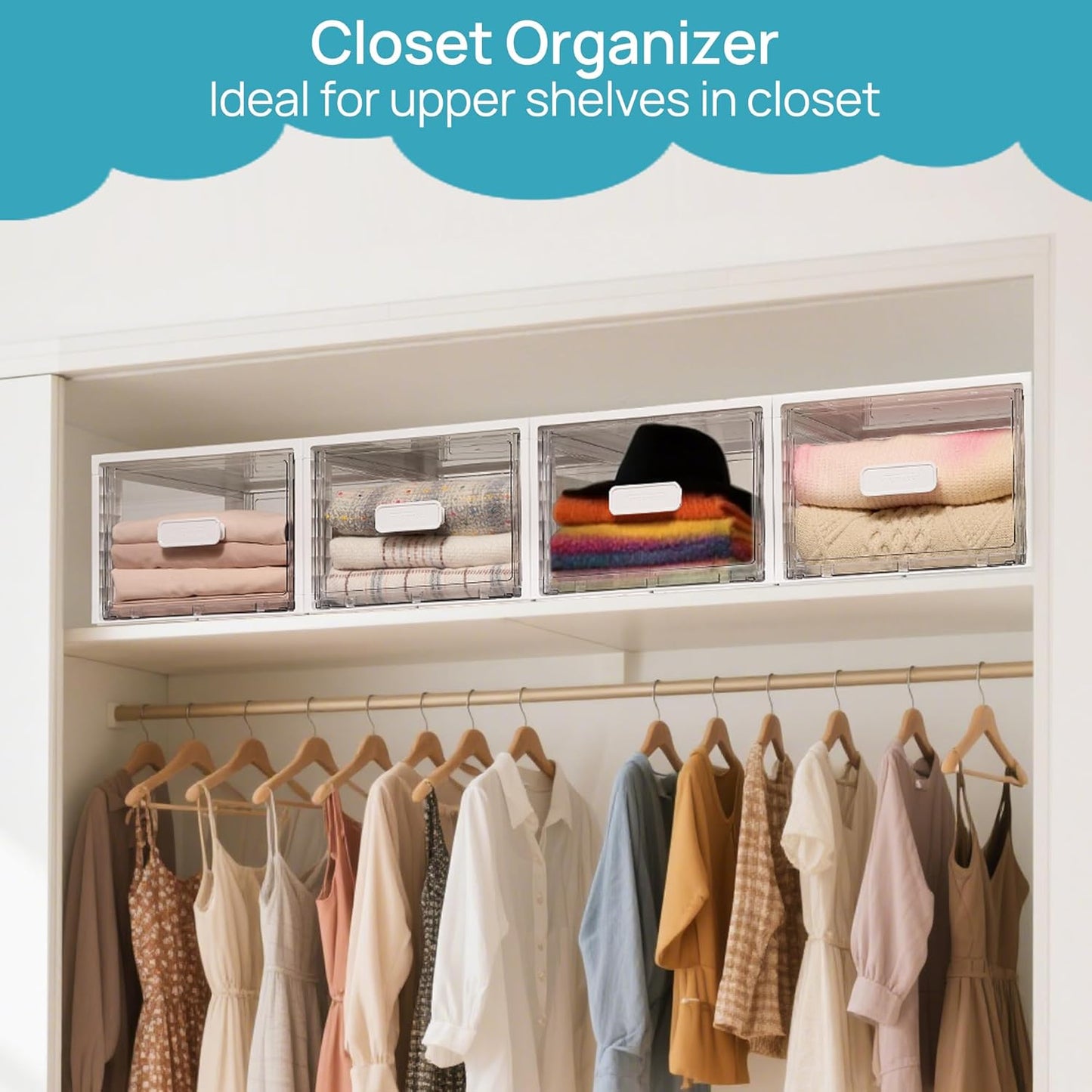 4 Pack Clear Stackable Storage Drawers 15QT, Easily Assemble Closet Organizers,Plastic Storage Bins for Bathroom,Cabinet,Kitchen Pantry,Under Sink Organization(Medium)