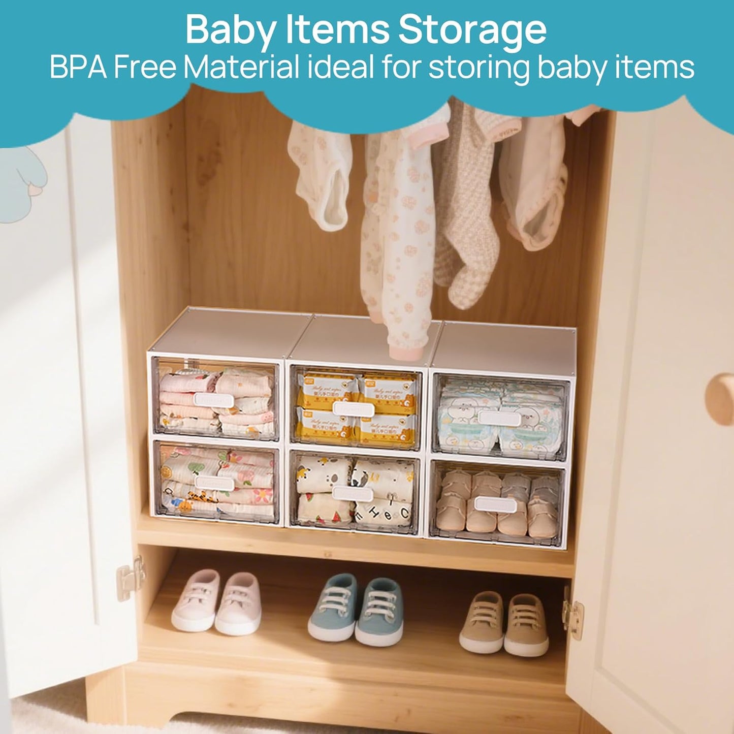 4 Pack Clear Stackable Storage Drawers 15QT, Easily Assemble Closet Organizers,Plastic Storage Bins for Bathroom,Cabinet,Kitchen Pantry,Under Sink Organization(Medium)