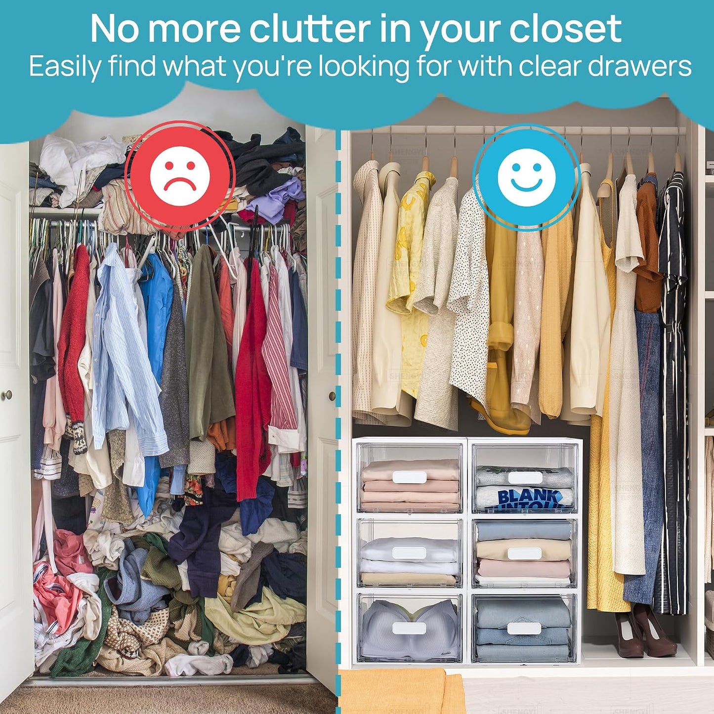 4 Pack Clear Stackable Storage Drawers 15QT, Easily Assemble Closet Organizers,Plastic Storage Bins for Bathroom,Cabinet,Kitchen Pantry,Under Sink Organization(Medium)